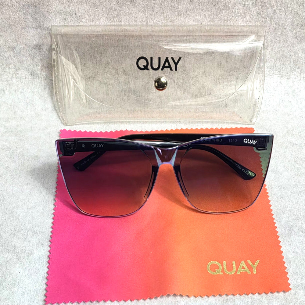 QUAY Australia 'COME THRU' Cat-Eye Sunglasses Blue/Purple Grad Lens + Clear Case